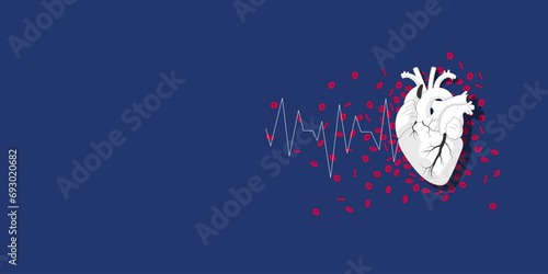 Banner template for medical website or printed material, book, with dark background, realistic human heart, and red blood cells.