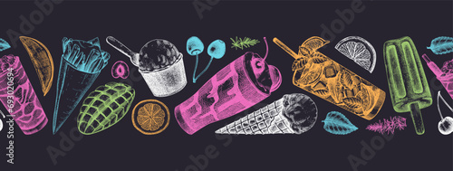 Summer party ribbon. Seamless pattern. Non-alcoholic beverage, mocktail, ice cream, fruit, cocktail sketches. Hand drawn vector illustration. Summer food festival. Tropical design.