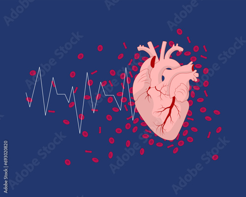 Banner template for medical website or printed material, book, with dark background, realistic human heart, and red blood cells.