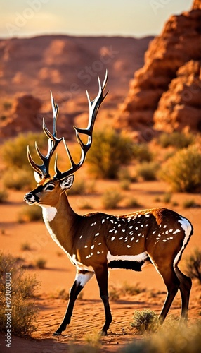 Realistic, the flash themmed deer, in the desert, amazing, extraordinary.