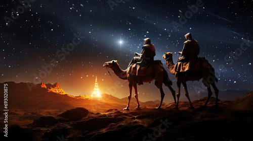 The Biblical Wise Men going to Bethlehem to see the birth of the baby Jesus of Nazareth. Generative AI © Nhan