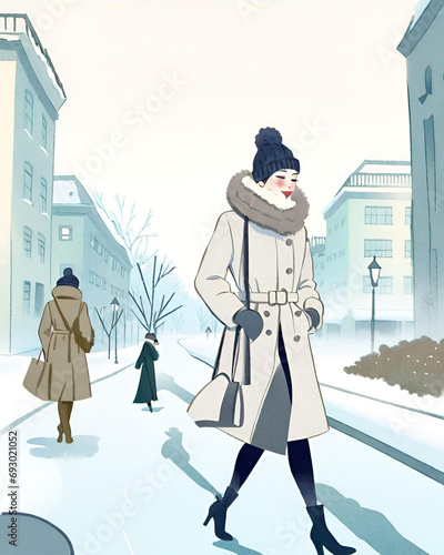 A fashionable woman walking down the urban street on a winter day, Watercolor Illustration, AI, for gift cards, blogs, brochures, mockups, IG, sales pop-ups  photo