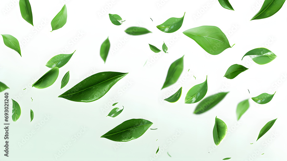 Green leaves movement falling flow 3d rendering illustration background png file