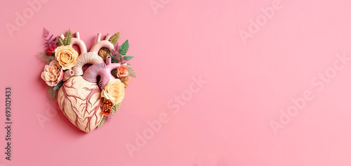 Medical Worker's Day. Anatomical heart in flowers on pink background photo