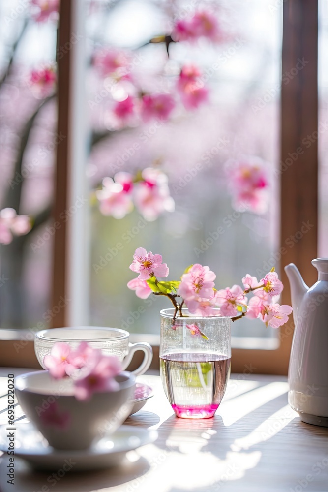 Cups of tea and a bouquet of beautiful flowers. Refined vintage cups