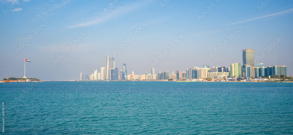 Panorama view of Abu Dhabi skyline with water, UAE Panorama view of Abu Dhabi skyline with water, UAE