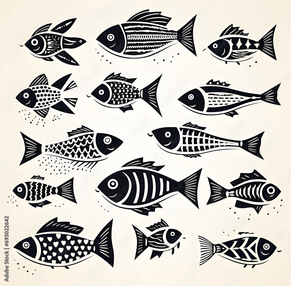 set of black and white fish ai generative