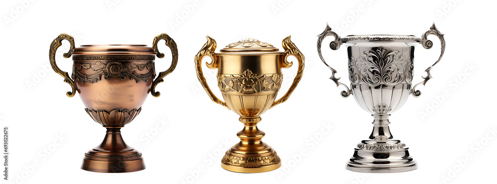 Champion Trophy Set: Gold, Silver, and Bronze Trophy Cup, Isolated on Transparent Background, PNG - obrazy, fototapety, plakaty 