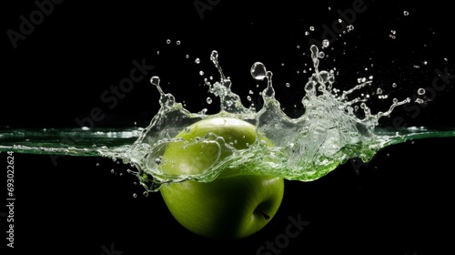 Green apple in a splash of water on a black background. Premium fresh organic fruits © Vladimir