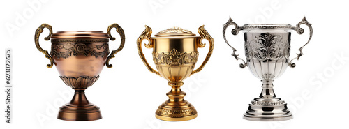 Champion Trophy Set: Gold, Silver, and Bronze Trophy Cup, Isolated on Transparent Background, PNG