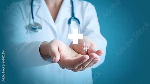 Hand choose healthcare medical icon. Health insurance health concept. access to serve welfare health and copy space. photo