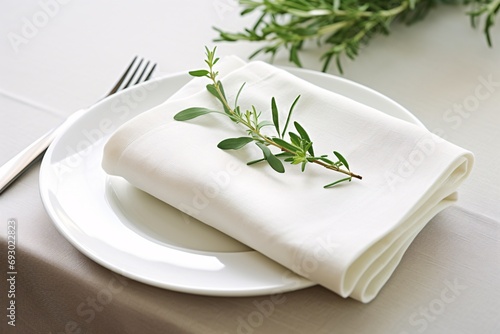 Elegant table setting with a white napkin and a sprig of greenery on a porcelain plate. Simple and natural elegance. Minimalistic spring composition. Perfect for banner, backdrop, or poster