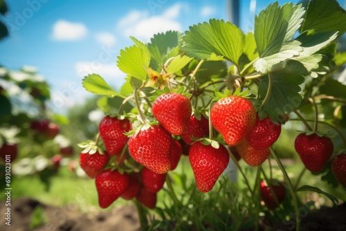 strawberry grow in the orchard garden in sunny day.