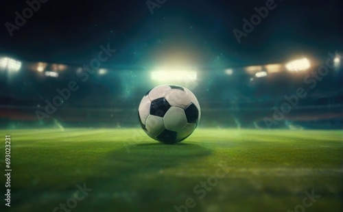 soccer ball in stadium lights, soccer ball sitting on top of a lush green field, soccer ball.