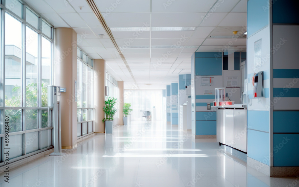 Obraz premium Blurred interior of hospital hall. Abstract medical banner with empty space for text.