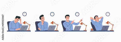 Young man sit at desk from computer. Vector flat style cartoon