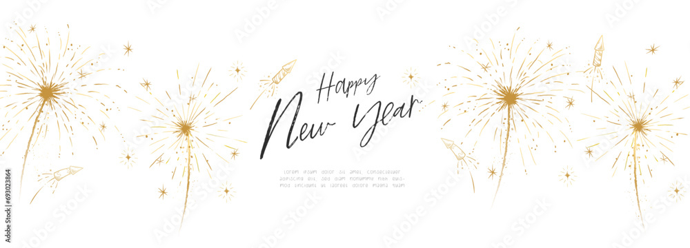 Fun hand drawn doodle fireworks and Happy New Year Greetings - great for textiles, wrapping, banner, wallpapers - vector design - obrazy, fototapety, plakaty 