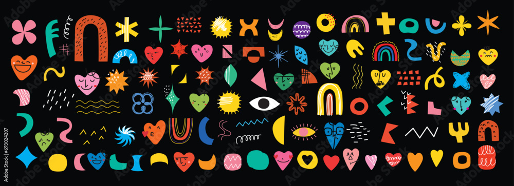 Set of abstract retro geometric doodle shapes vector. Collection of contemporary Vector illustrations and design elements perfect for banner, print, stickers, pins in cartoon 80s-90s style. Set of abstract retro geometric doodle shapes vector. Collection of contemporary Vector illustrations and design elements perfect for banner, print, stickers, pins in cartoon 80s-90s style.