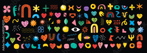 Set of abstract retro geometric doodle shapes vector. Collection of contemporary Vector illustrations and design elements perfect for banner, print, stickers, pins in cartoon 80s-90s style.