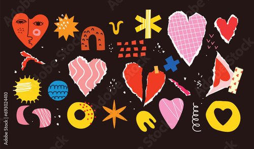 Collage art elements with vintage paper hearts torn elements set. Happy valentine's day concept for greeting cards, poster. Trendy Vector illustration.