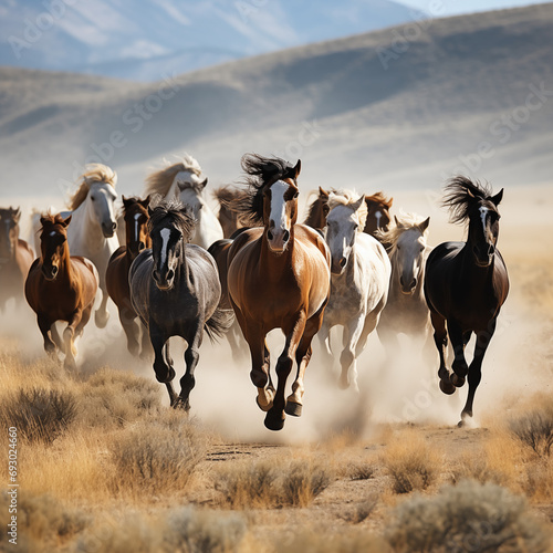 Horses Running Across a Dry Grass Field © Elena