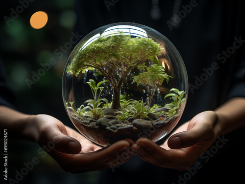 two hands holding a transparent ball with eco system in it 