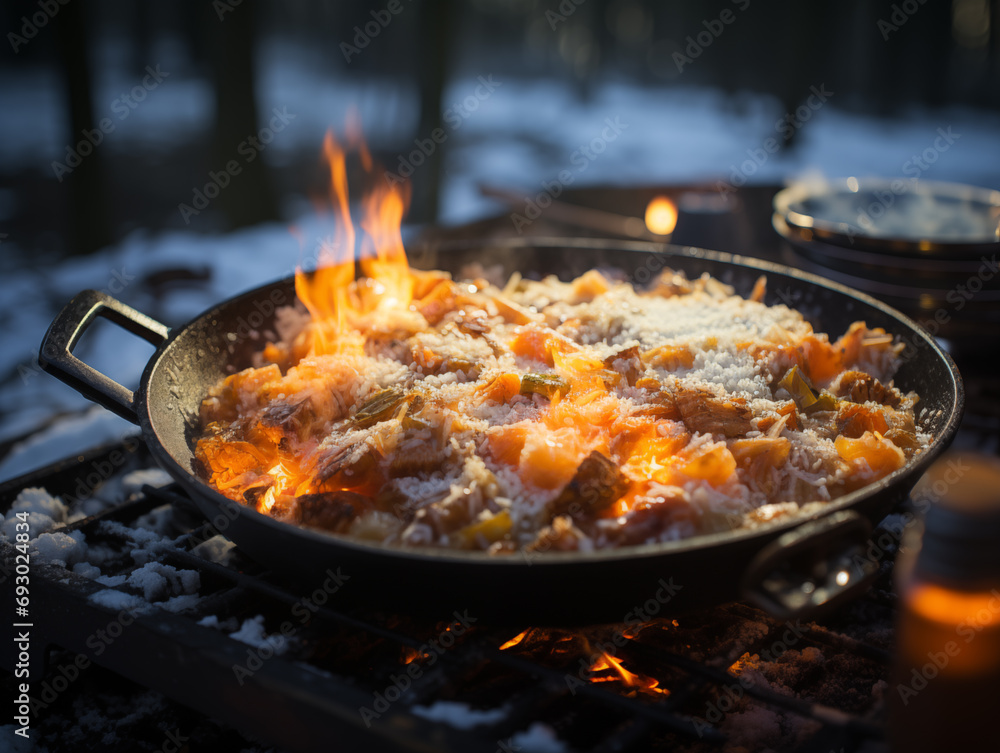 Close-up of camping cooking in winter, outdoor lifestyle, pan Close-up of camping cooking in winter, outdoor lifestyle, pan