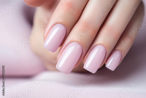 Glamour woman hand with light pink nail polish on her fingernails. Pink nail manicure with gel polish at luxury beauty salon. Nail art and design. Female hand model. French manicure. photo