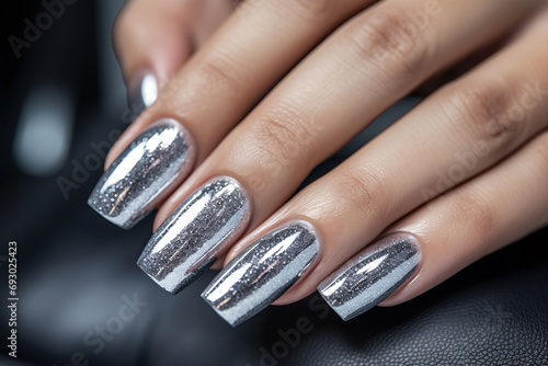 Glamour woman hand with silver nail polish on her fingernails. metallic nail manicure with gel polish at luxury beauty salon. Nail art and design. Female hand model. French manicure.