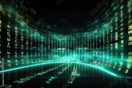 A rendering of a technology data binary code network background.