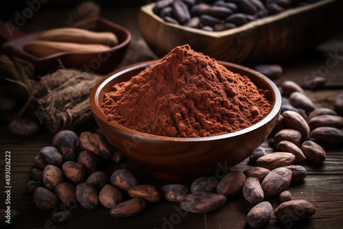 Cocoa powder in a wooden bowl with the cocoa seeds around it. Generative AI