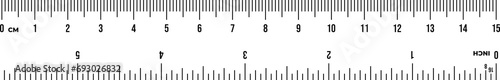 Ruler scale 15 cm and 5 inches. Centimeter and inch scale for measuring photo