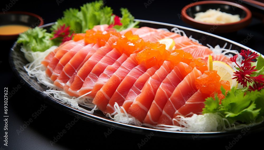 Freshness of seafood on plate, a gourmet meal generated by AI Freshness of seafood on plate, a gourmet meal generated by AI