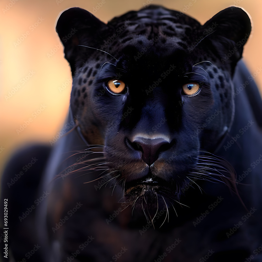 Black predator, big cat, jaguar portrait. Wildlife black leopard face. This content is created with AI tools.