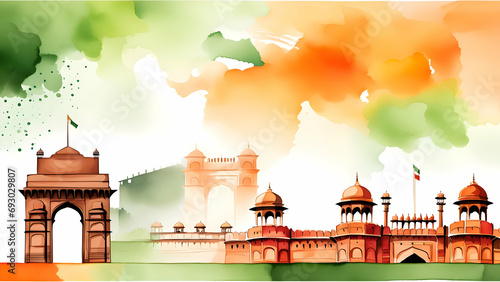 Watercolor illustration of republic day of india with copy space. photo