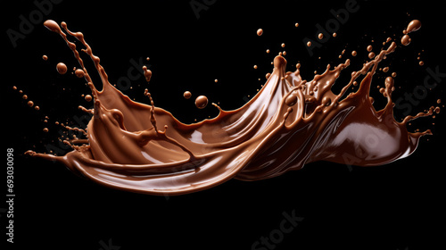 Chocolate splash on black background. Chocolate milk splash and drops. Brown Liquid