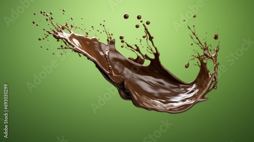 Chocolate splash on green background. Chocolate milk splash and drops. Brown Liquid