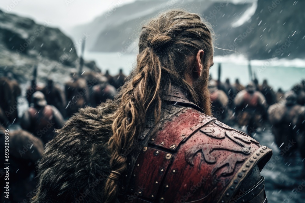 A Viking warrior gazes over a battlefield, poised on the brink of combat, with the air of ancient Norse legends hanging heavy in the misty mountain air