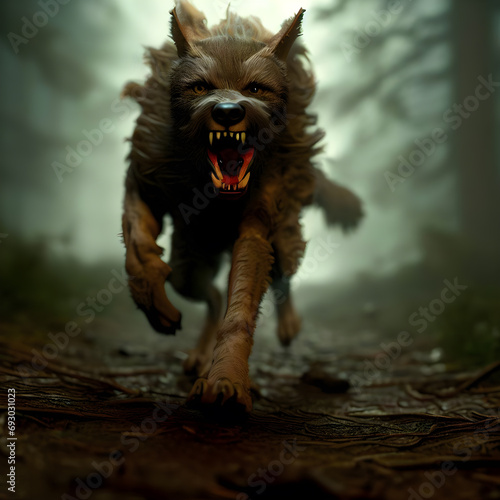 Hunger, scarey wolf is running. Red eyed, beast animal with big teeth. Werewolf, predator concept, danger aggressive animal.