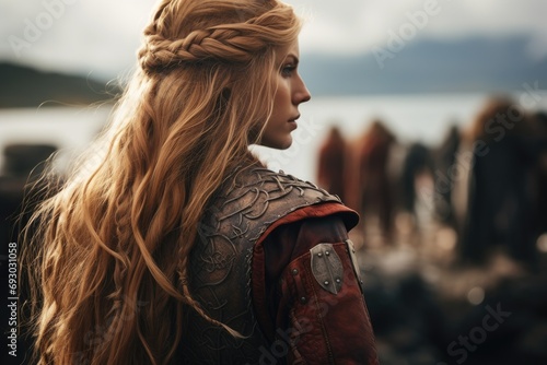 A Viking stands poised and resolute on the battlefield, her intricate braids and battle-worn armor embodying the fierce spirit of the legendary female warriors of Norse mythology photo