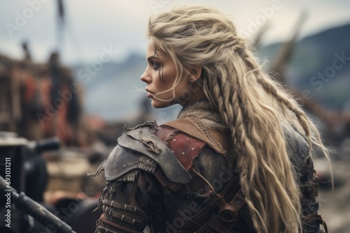 A Viking stands poised and resolute on the battlefield, her intricate braids and battle-worn armor embodying the fierce spirit of the legendary female warriors of Norse mythology photo