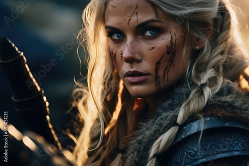 A Viking stands poised and resolute on the battlefield, her intricate braids and battle-worn armor embodying the fierce spirit of the legendary female warriors of Norse mythology