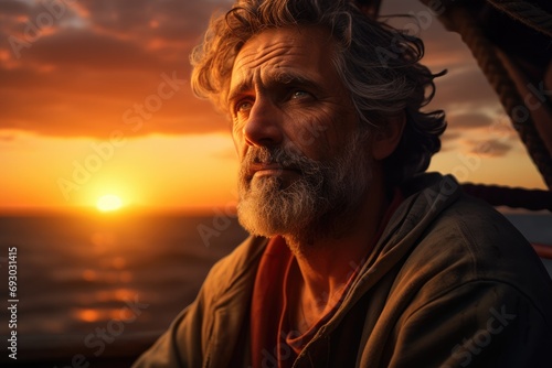 A close-up portrait of a weathered sailor with a rugged beard against the backdrop of the ocean and a captivating sunset