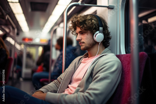 A young man enjoys music on headphones, in a tranquil moment on a busy train.