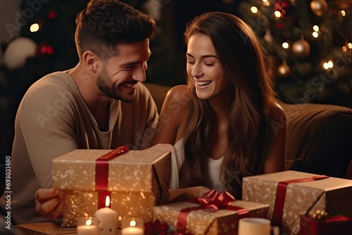 A tender moment of a couple exchanging heartfelt gifts in a cozy living room, sincere expressions of love and appreciation on the Christmas holiday