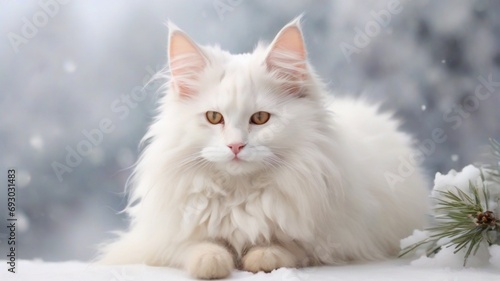 white fluffy cat on snow