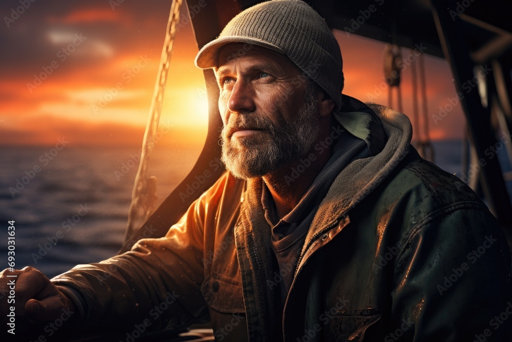 Obraz premium A close-up portrait of a weathered sailor with a rugged beard against the backdrop of the ocean and a captivating sunset
