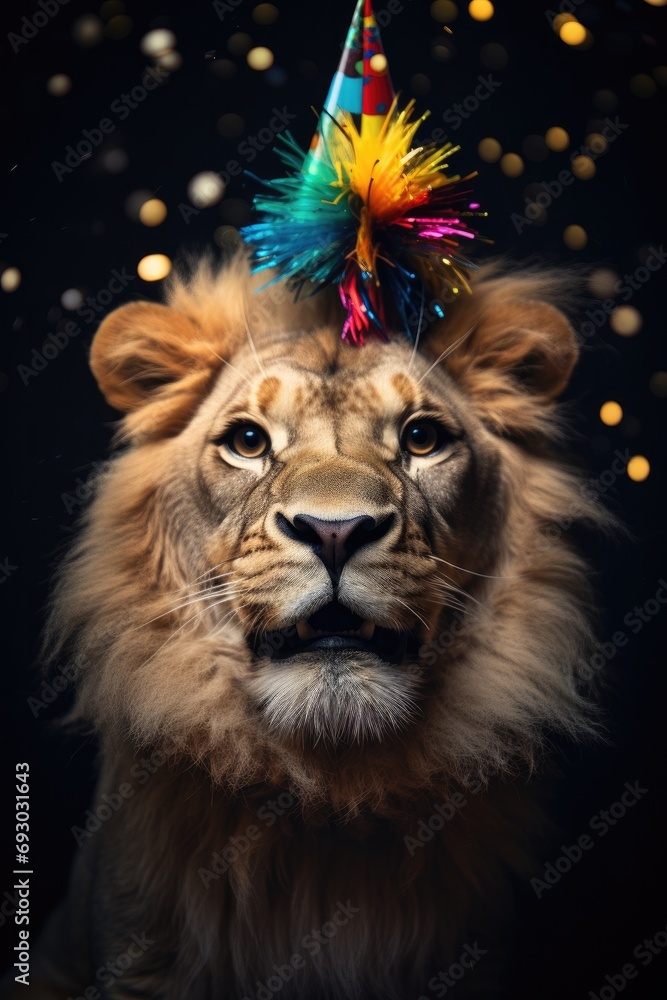 A lion wears a colourful party hat, celebrating evoking joy and festivity