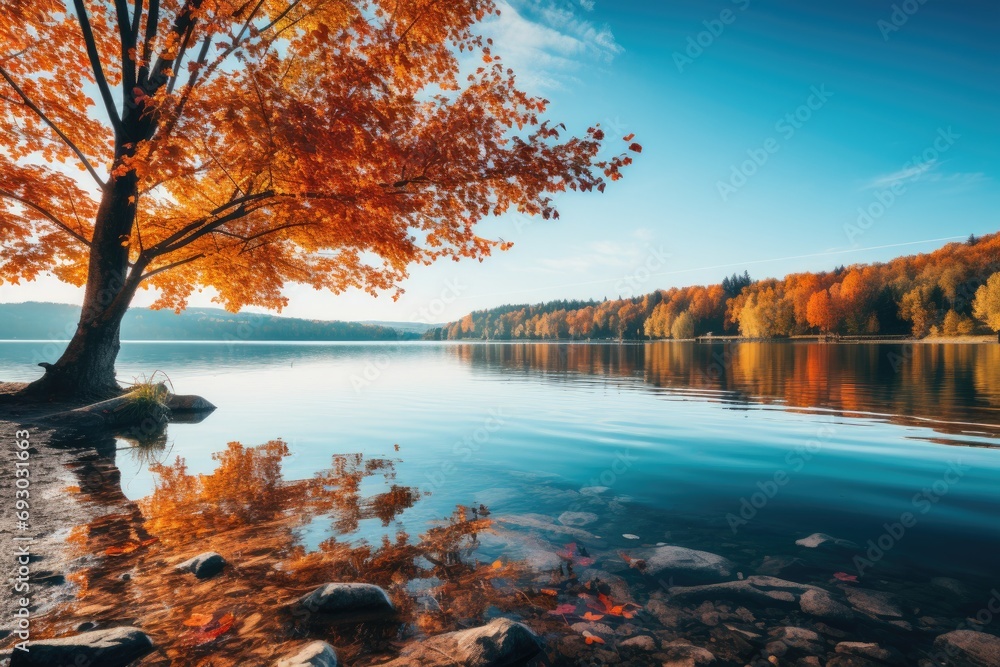 Tranquil lake surrounded by autumn foliage, peaceful fall landscape