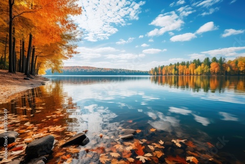 Tranquil lake surrounded by autumn foliage, peaceful fall landscape
